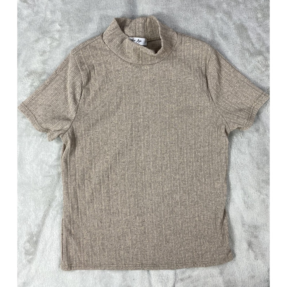Rue Juju Blouse Women Petite High‎ Neck Tan Top Knit Woven Mock Neck Stretch Y2K